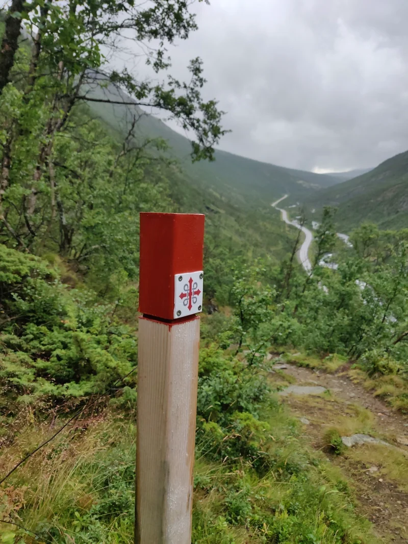 Olavskreuz Wegweiser am Olavsweg in Norwegen