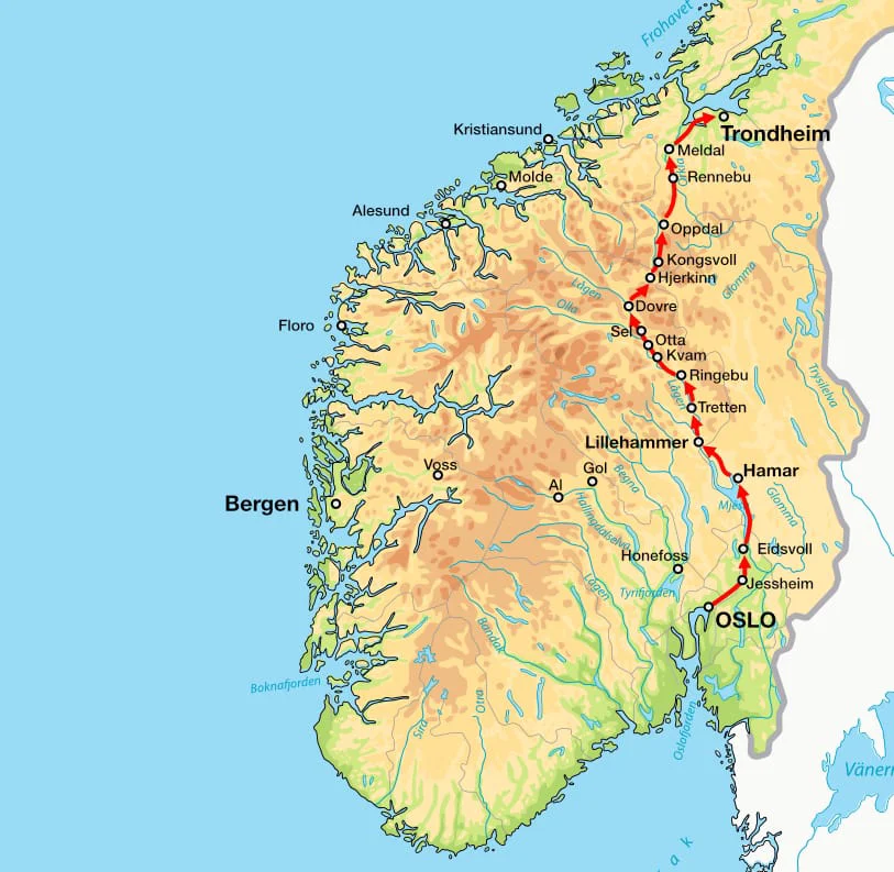 Karte vom Olavsweg von Oslo nach Trondheim